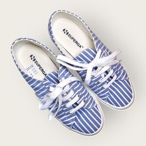 SUPERGA Lace-Up Women's Shoes, White & Blue Stripes Canvass Sneakers, US Size 6